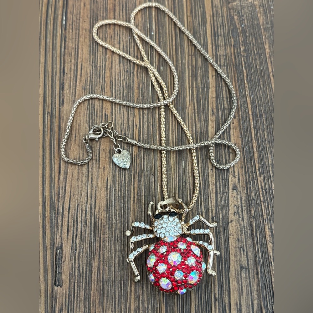 Betsy Johnson Gold Tone Crystal Spider with Red & Iridescent Stones